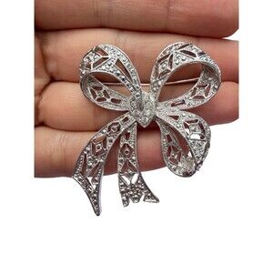 Vintage Jewelry Silver Tone  Ribbon Marcasite Bow Brooch Pin